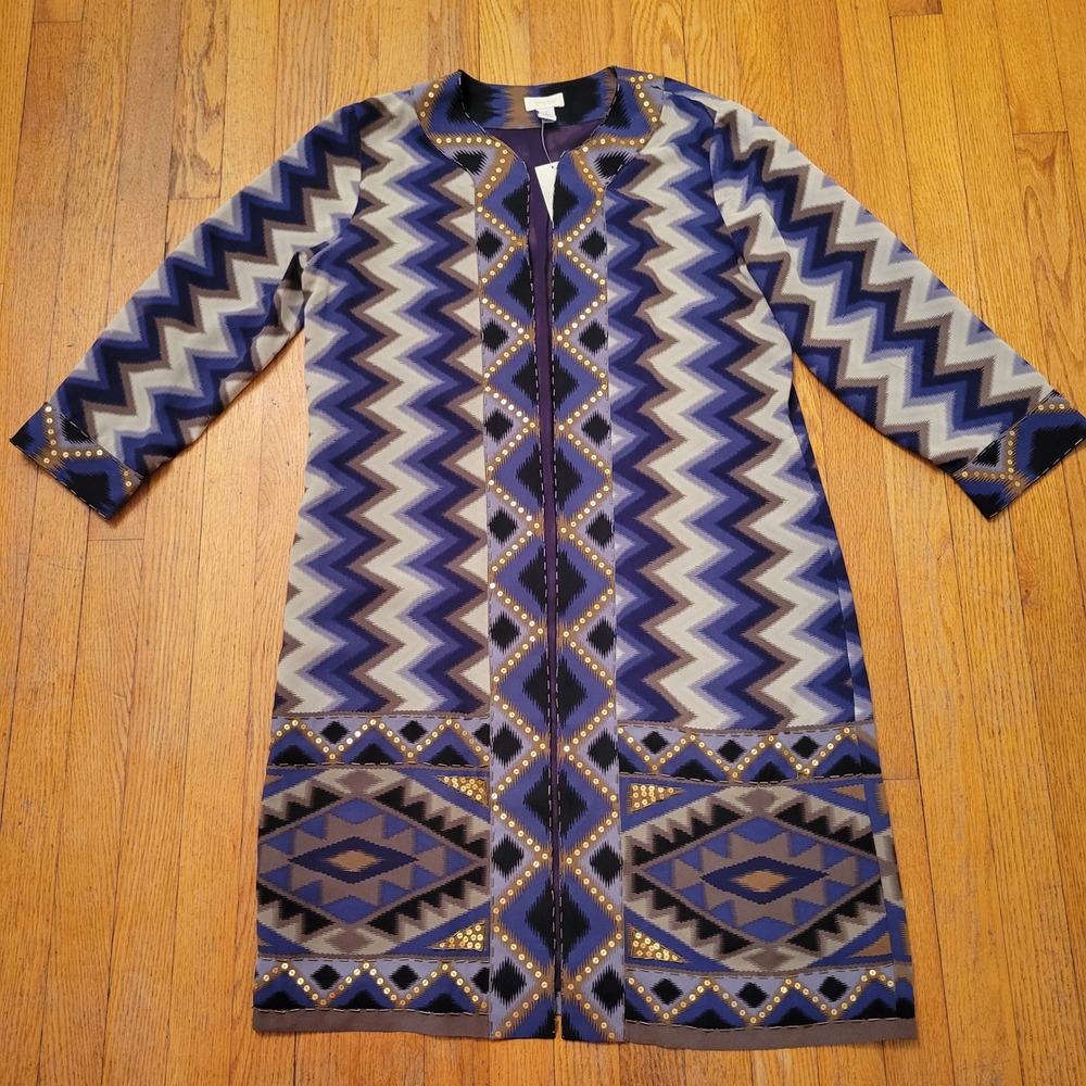 Chicos 1 Artisan Duster Night Violet Ikat Chevron Sequin M 8 Boho Southwestern